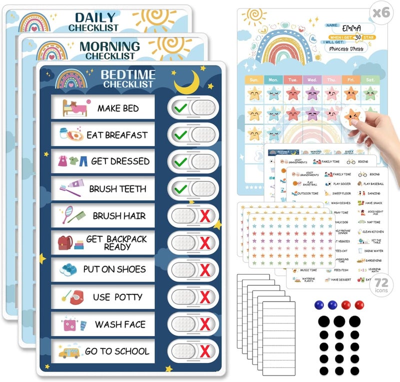 CustomMaster Upgraded Slider 4 in 1 Reward Chart for Kids, Reusable Bedtime/Morning/Daily Routine Chart for Kids, Magnetic Chore Chart for Kids Toddlers, Sticker Chart for Kids Behavior Chart for Kids at Home - Image 1